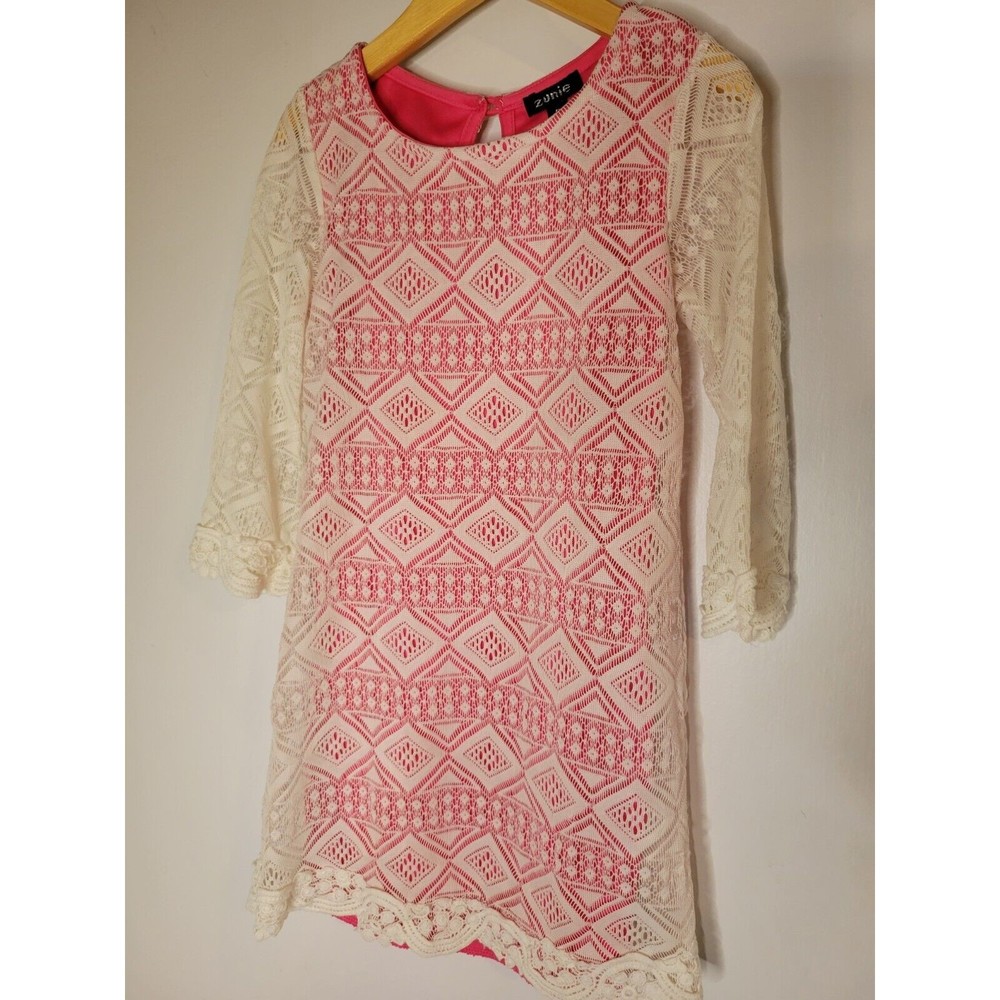 EUC Zunie Girls Lace Overlay Long Sleeve Lined Dress Size 6 Ivory/Coral